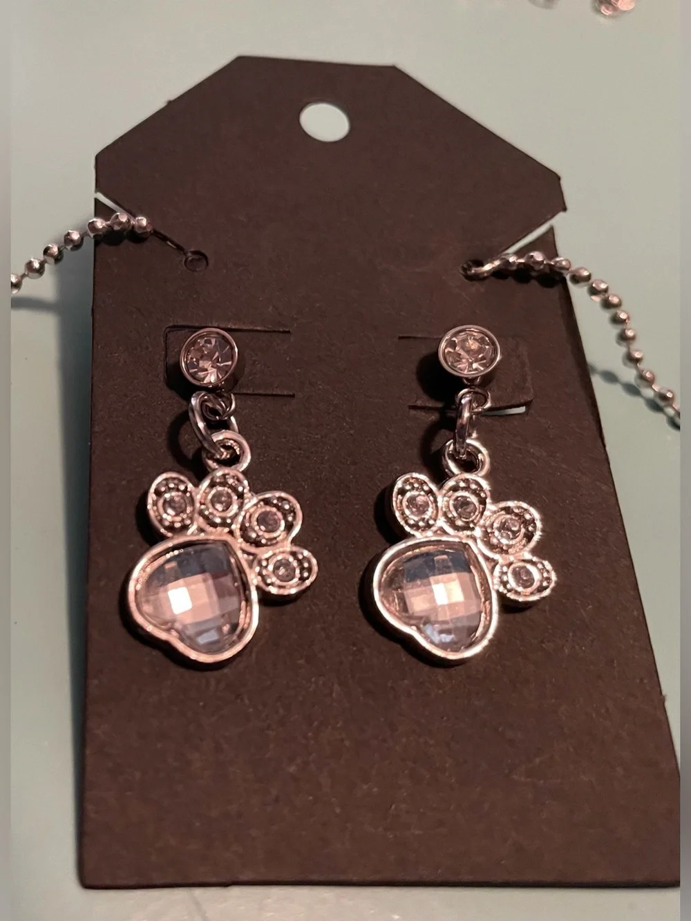 Crystal Paw Pendant Necklace and Earrings Set - Silver Tone